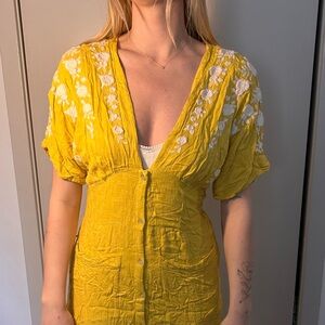 Free People Love to Love You Yellow Embroidered Boho Midi Dres